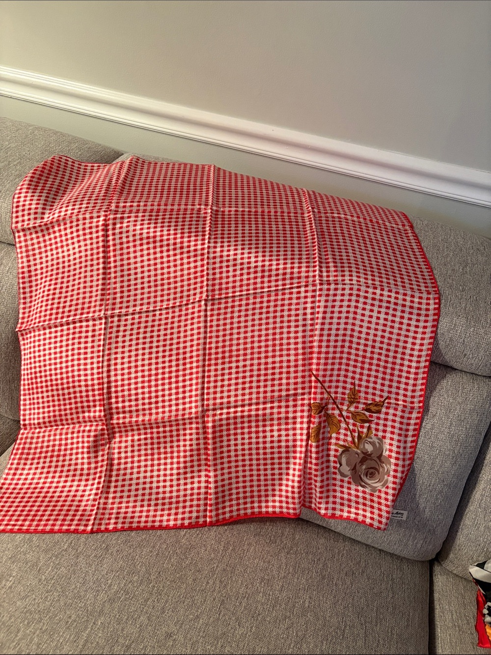 Vintage Red Gingham Scarf with Floral Accent by mode makers Ben Goodman
